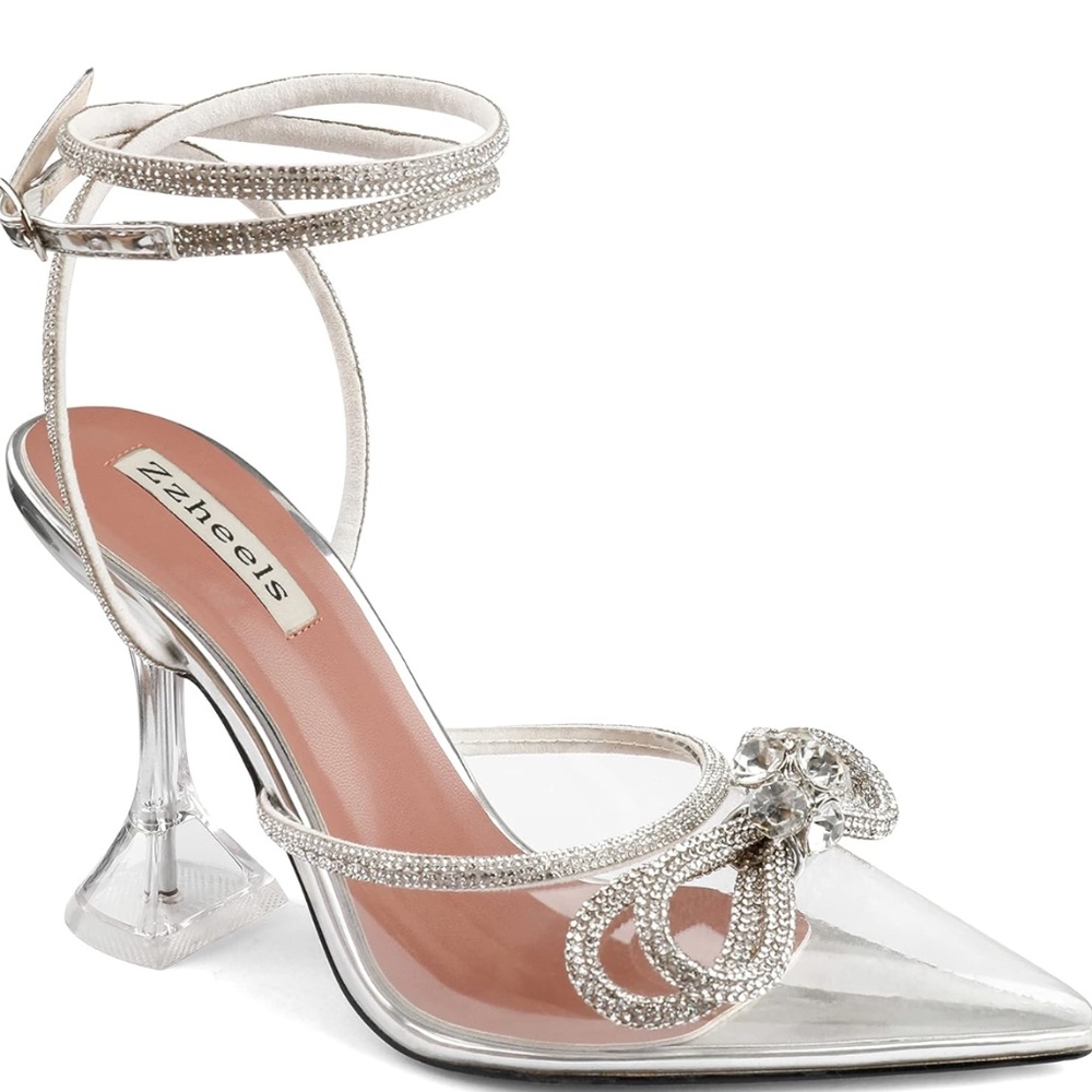 Zzheels Women Bowknot Clear Heels Crystal Slingback Sandals Lace-up Shoes for Pa
